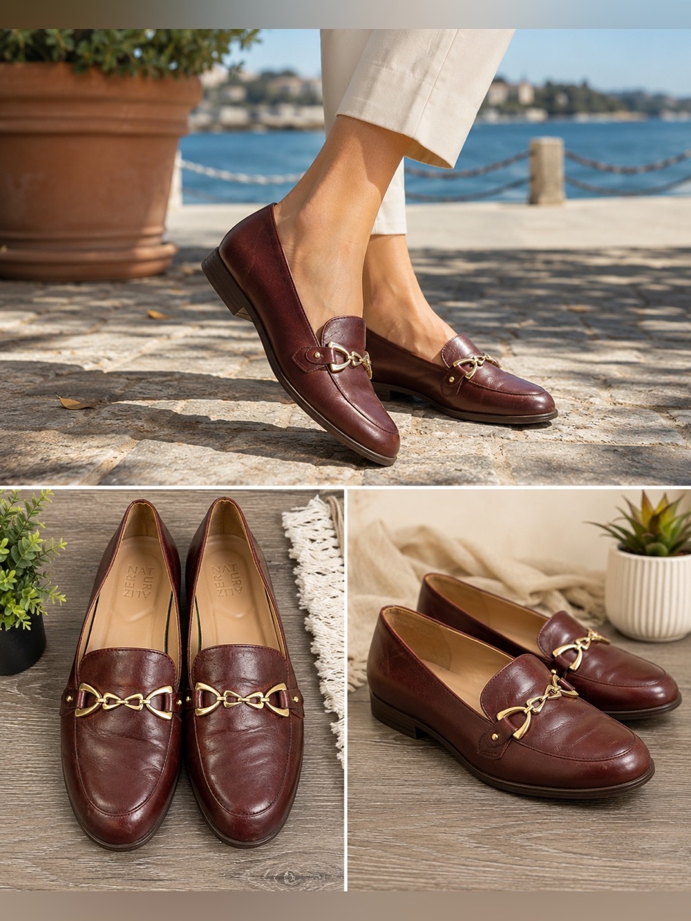 Naturalizer Burgundy Leather Loafers Gold Bit Detail Comfort Flats Size 8.5 - Picture 9 of 13